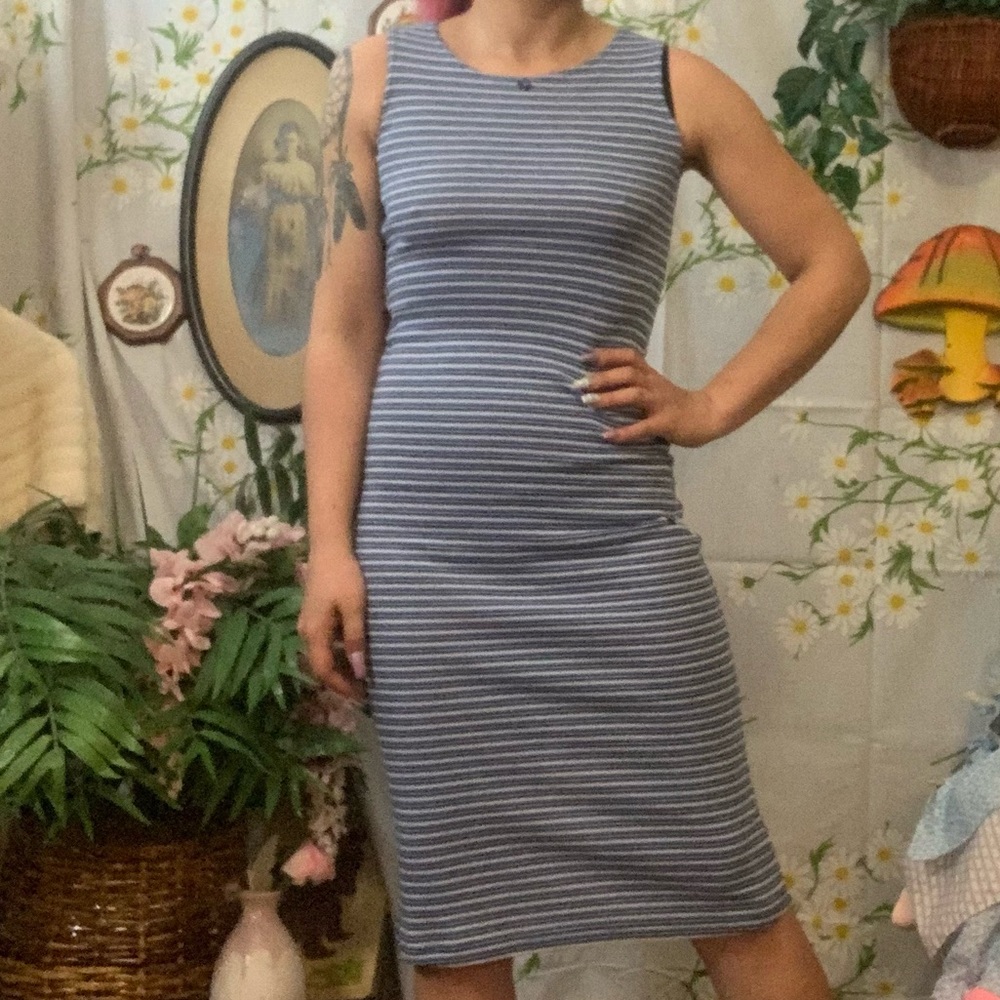Vintage y2k blue black stripe midi tank top dress - Picture 1 of 6
